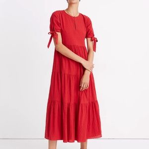 Madewell Tie-Sleeve Tiered Midi Dress in Swiss Dot